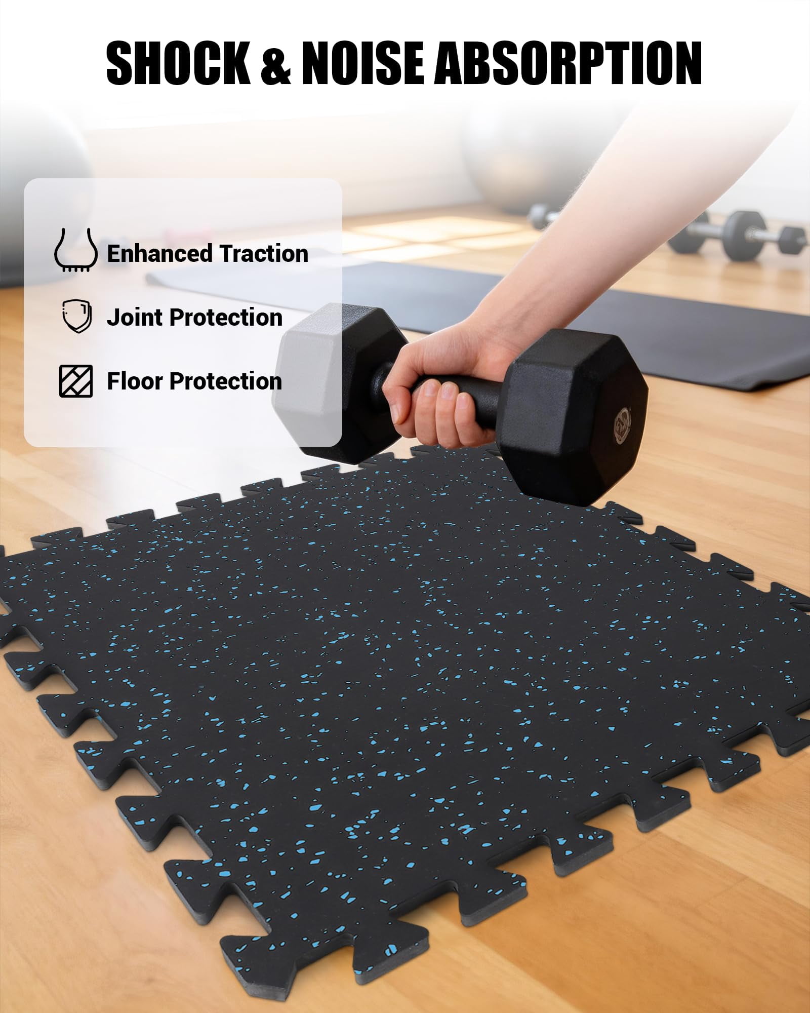 PYY Interlocking Gym Flooring Tiles Rubber Top with EVA Foam Approx 0.6in Thick Puzzle Exercise Mats for Home Gym Workout Heavy Equipment Base Black with Blue Flecks