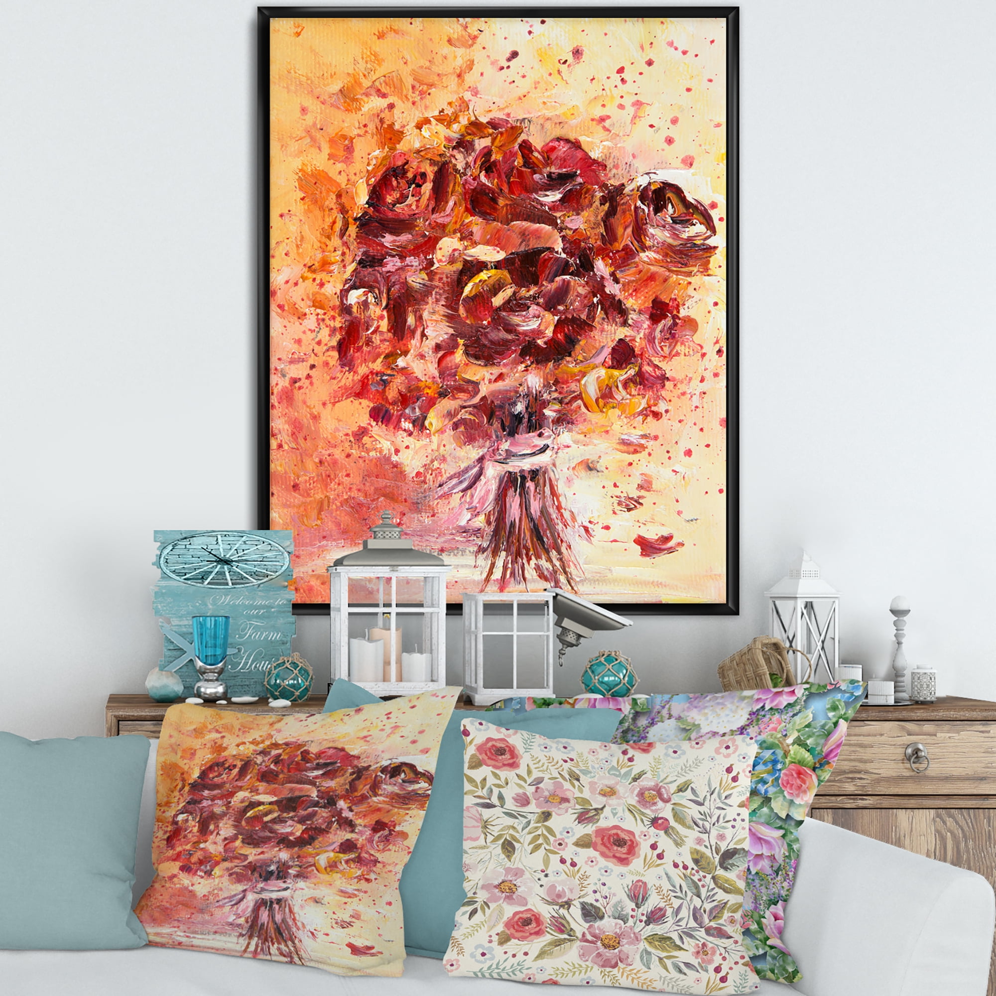 Designart 'Ancient Red Fresh Flowers Bouquet' Traditional Framed Canvas Wall Art Print