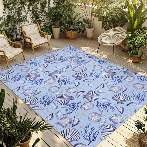 Fsddascl Blue Coastal Outdoor Rug for Patio/Deck/Porch, Non-Slip Large Area Rug 4 x 6 Ft, Ocean Beach Nautical Coral Conch Farmhouse Indoor Outdoor Rugs Washable Area Rugs, Camping Rug Carpet