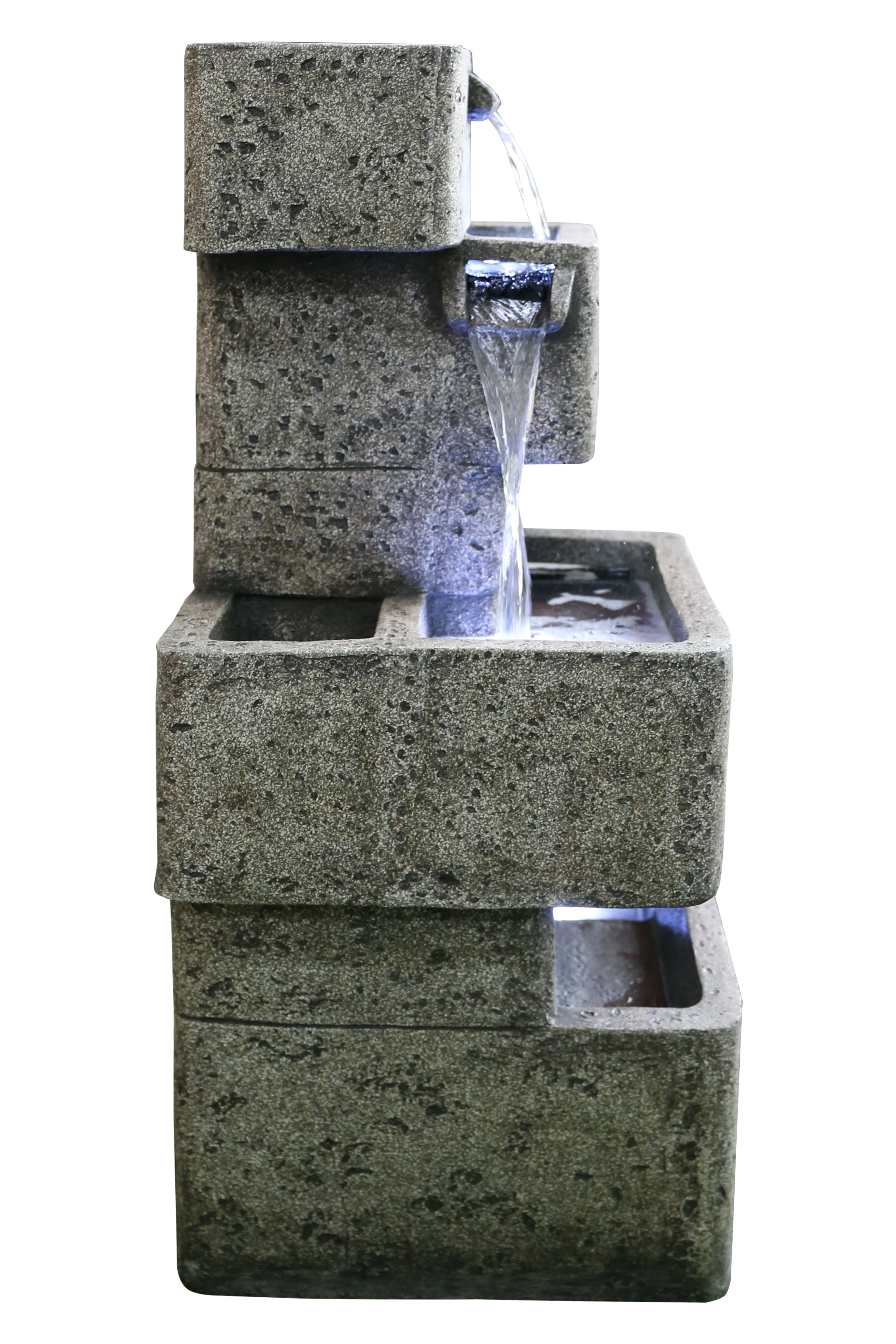 MULTILEVEL CONCRETE CASCADING FOUNTAIN WITH 3 COOL WHITE LED LIGHTS