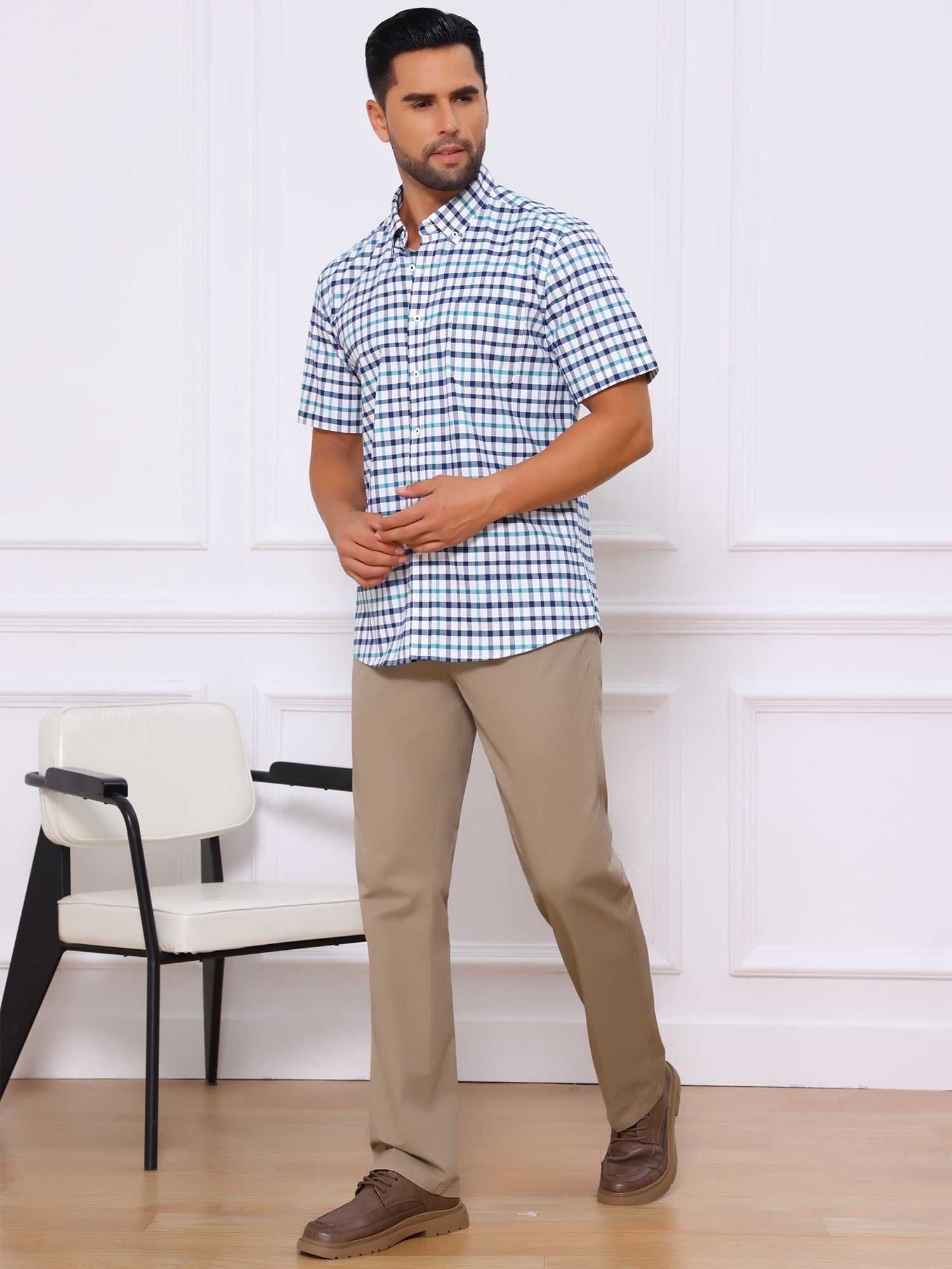 DARING DIVA Men's Point Collar Short Sleeve Button Business Plaid Shirts S White Navy