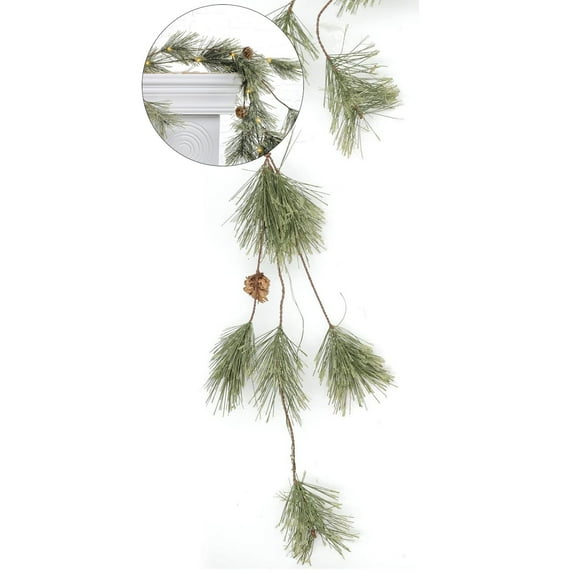 WNFJR Smokey Christmas Garland with Lights, Rustic Cedar Pine Garland with Pine Cones for Home New Year, Mantle, Farmhouse Indoor Outdoor Decoration