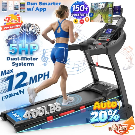 5HP Foldable Treadmill for Home w/ 15% Auto Incline, 400lbs Capacity, 10MPH Portable Treadmill, 64+7 Programs, Personalized Workout with APP, Running Walking treadmill