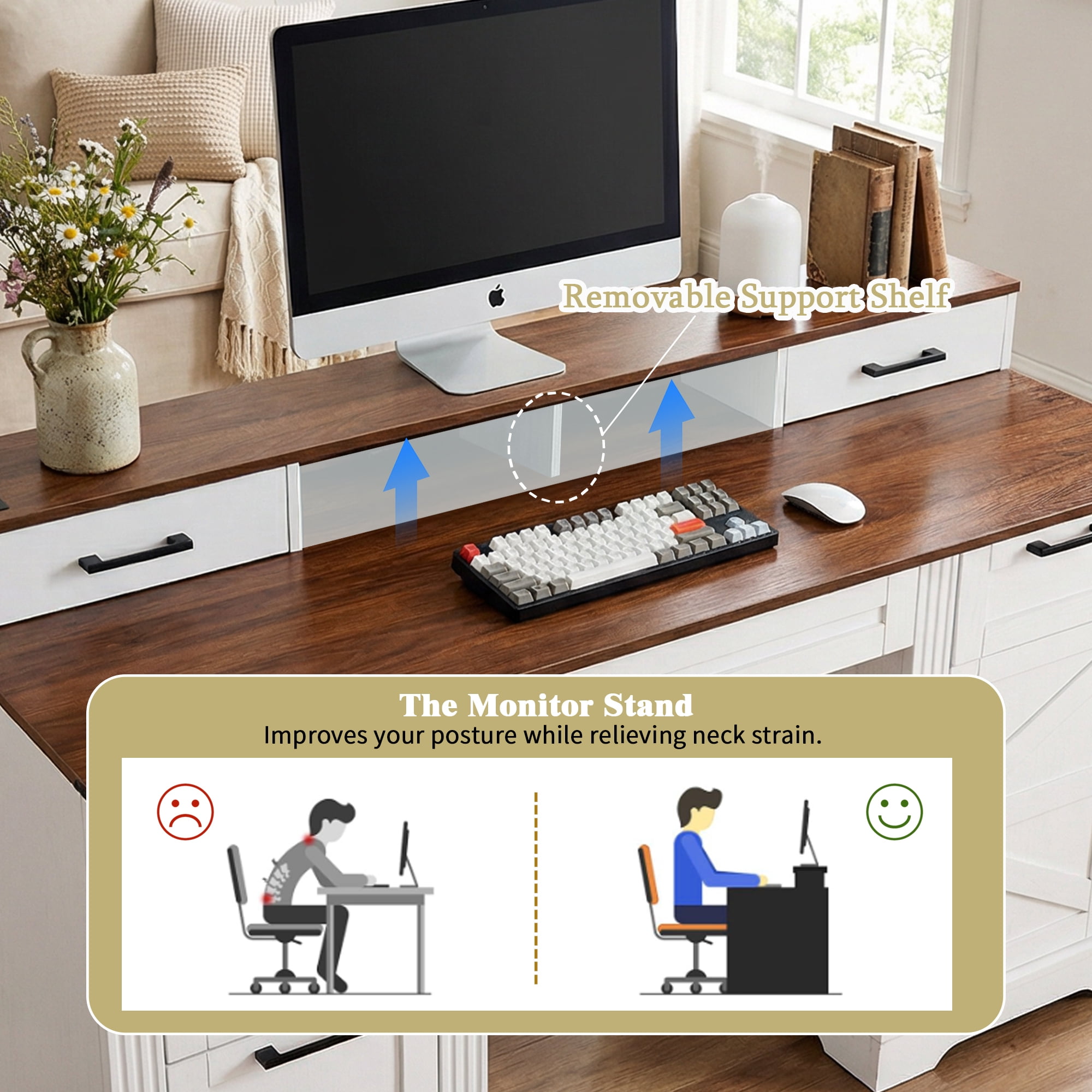 Leumius Farmhouse Office Desk with Charging Station & Storage Cabinet, Barn Door Design Home Office Study Desk with File Drawer, Monitor Stand and Keyboard Tray for Office Study Living Room White