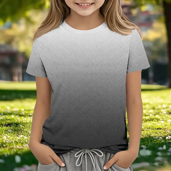 Maqroz Girls Gradient Jacquard Top Short Sleeve Textured Print Summer Soft Breathable Tee Trendy Clothes 3-12 Years