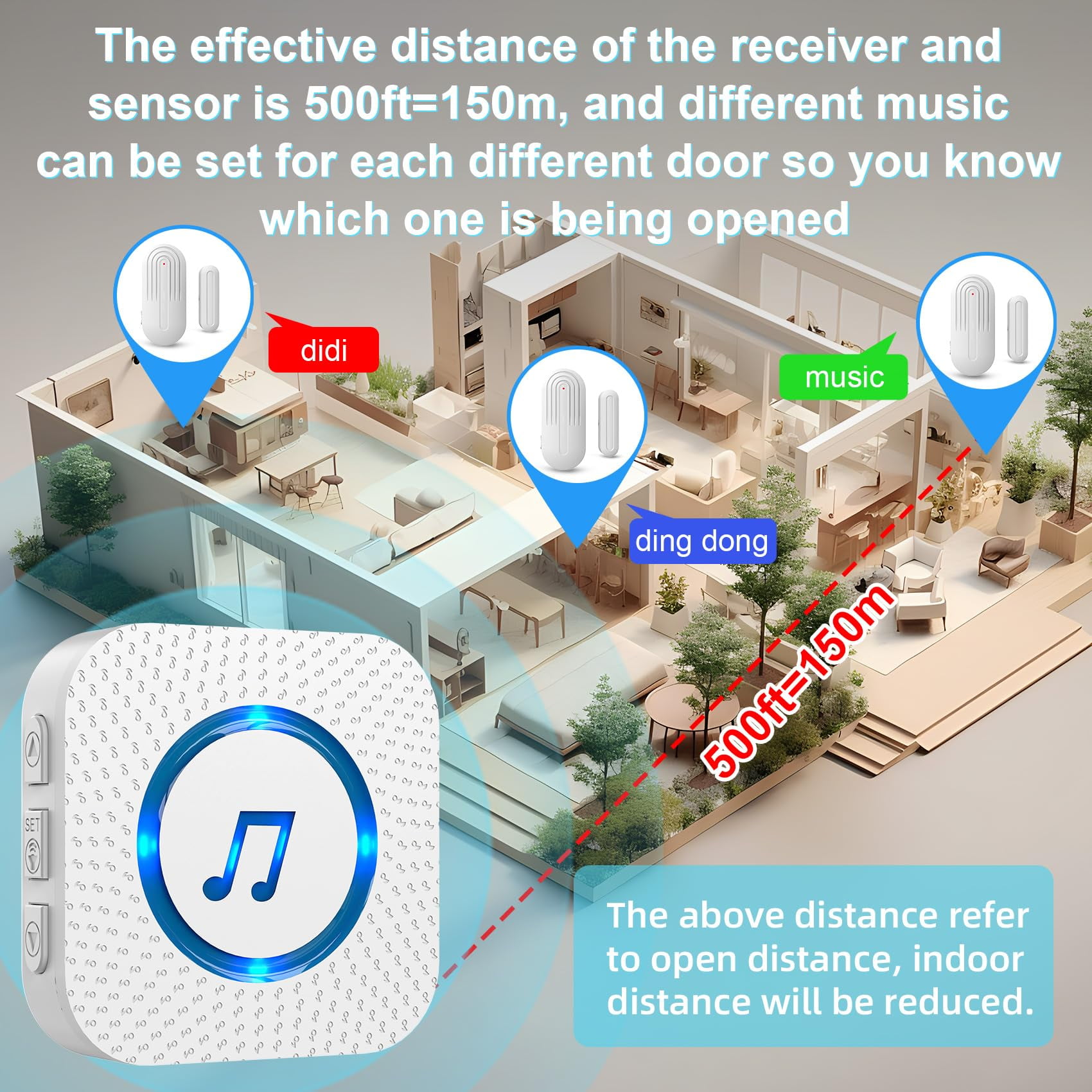 CallTou Wireless Door Chime System with 4 Sensors & 2 Receivers, WiFi App Alerts, 55 Ringtones, 5 Volume Levels, LED Indicator, Mute Mode for Home & Business
