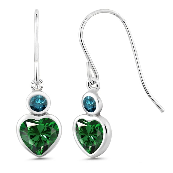 Gem Stone King 1.20 Ct Heart Shape Green Nano Emerald Blue Diamond 14K White Gold Earrings