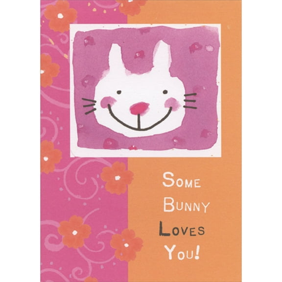 RSVP Some Bunny Loves You Watercolor on Pink and Orange Juvenile Easter Card for Young Kid / Child