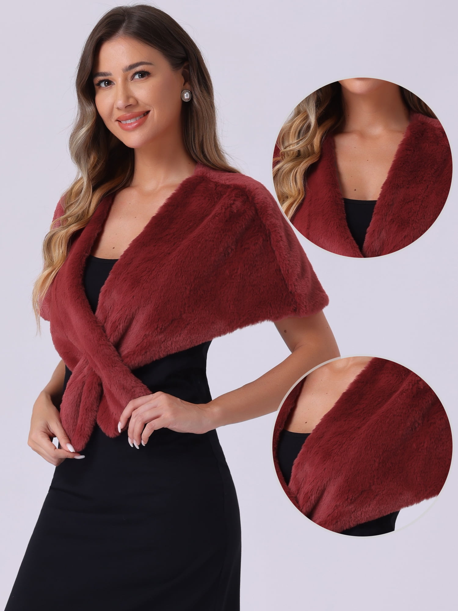 DARING DIVA Women's Faux Fur Shawl Stole Winter Wedding Wrap L Burgundy