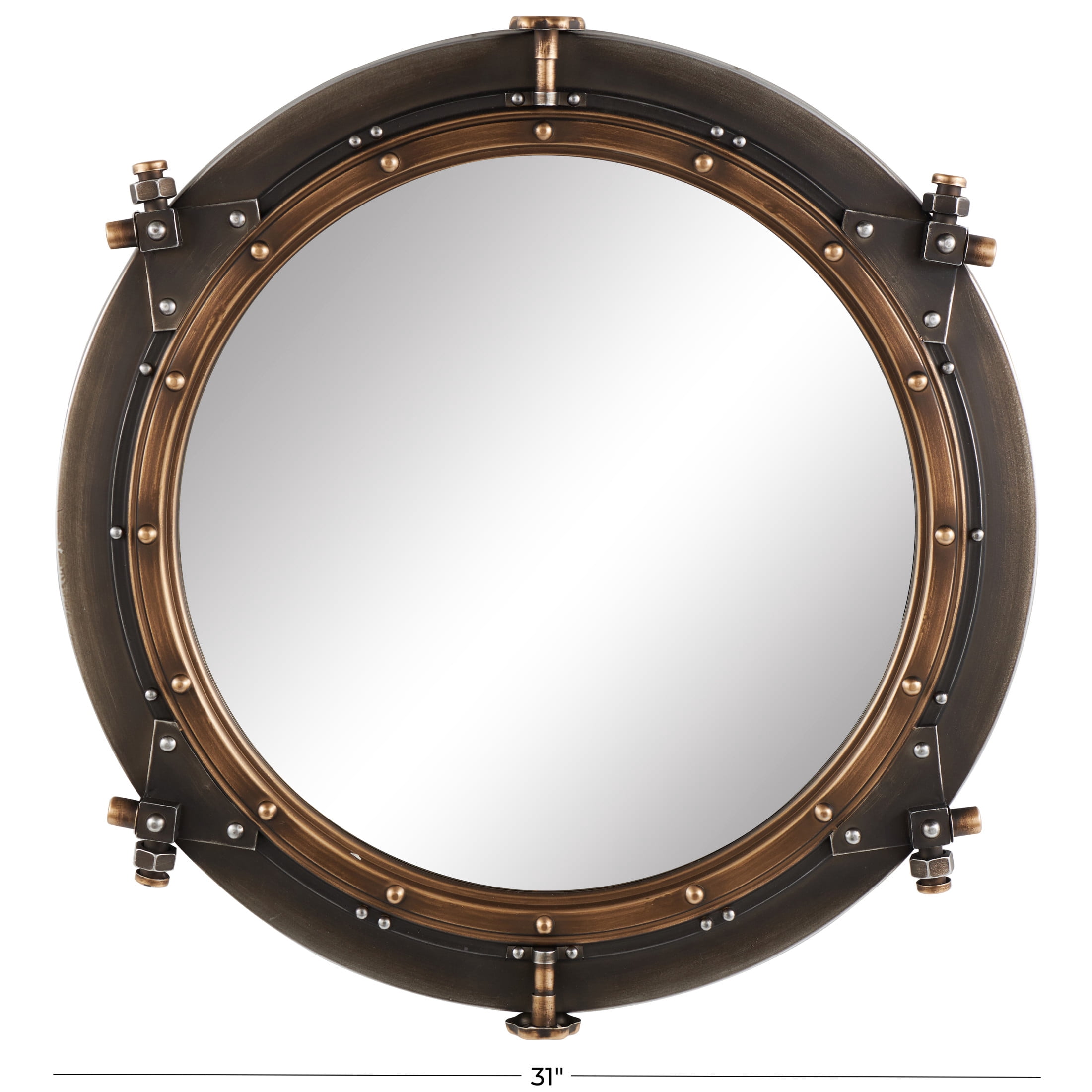 DecMode 31" x 31" Brass Gear Wall Mirror with Gold Inner Rim and Silver Accents