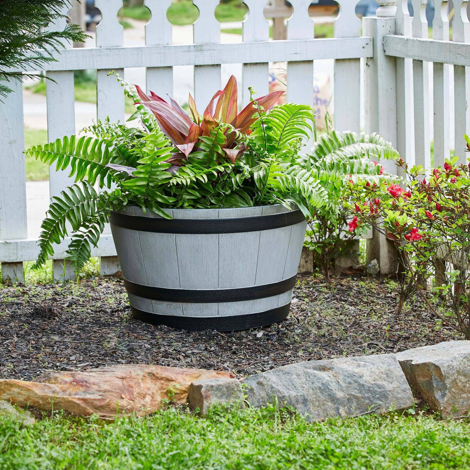 Ace Trading 19'' x 16'' x 9.21'' Round Birch Plastic and Resin Whiskey Barrel Planter