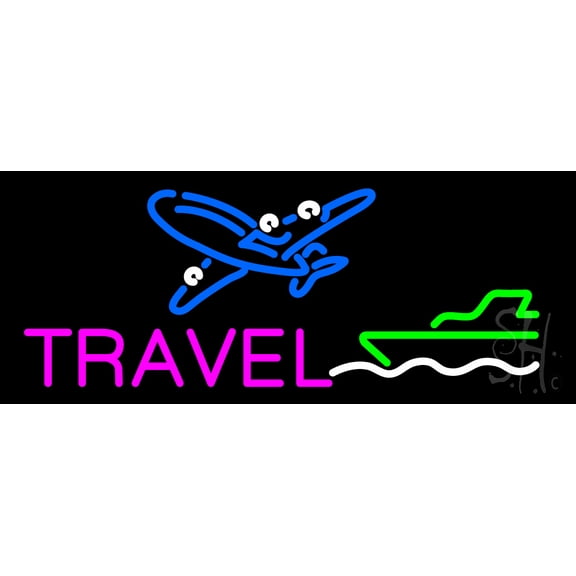Pink Travel with Logo LED Neon Sign 13 x 32 - inches, Black Square Cut Acrylic Backing, with Dimmer - Bright and Premium built indoor LED Neon Sign for Décor, Travel agency, Storefront.