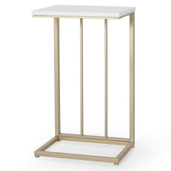 Noble House Miguel Modern Glam Faux Wood End Table, White, Champagne Gold