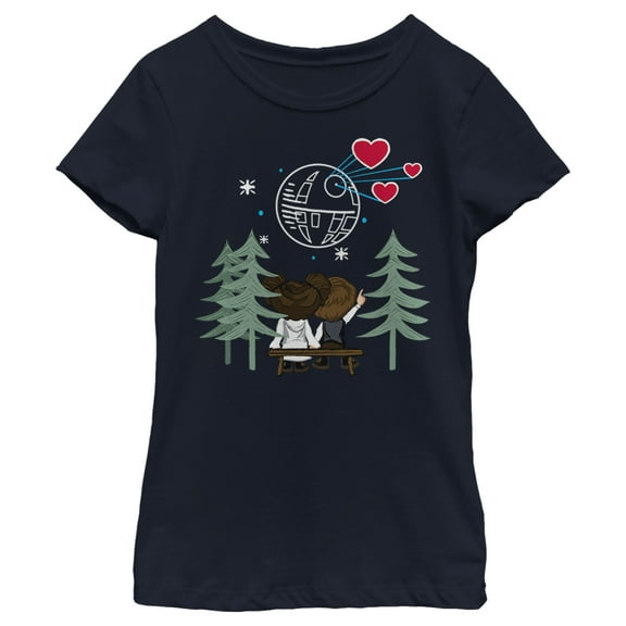 Girl's Star Wars Valentine's Day Han and Leia Holding Hands  Graphic Tee Navy Blue Large