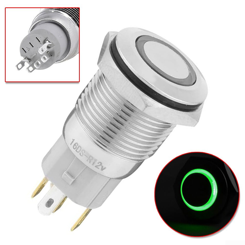 16mm 12V Latching Push Button Power Switch Stainless Steel Green LED Waterproof 