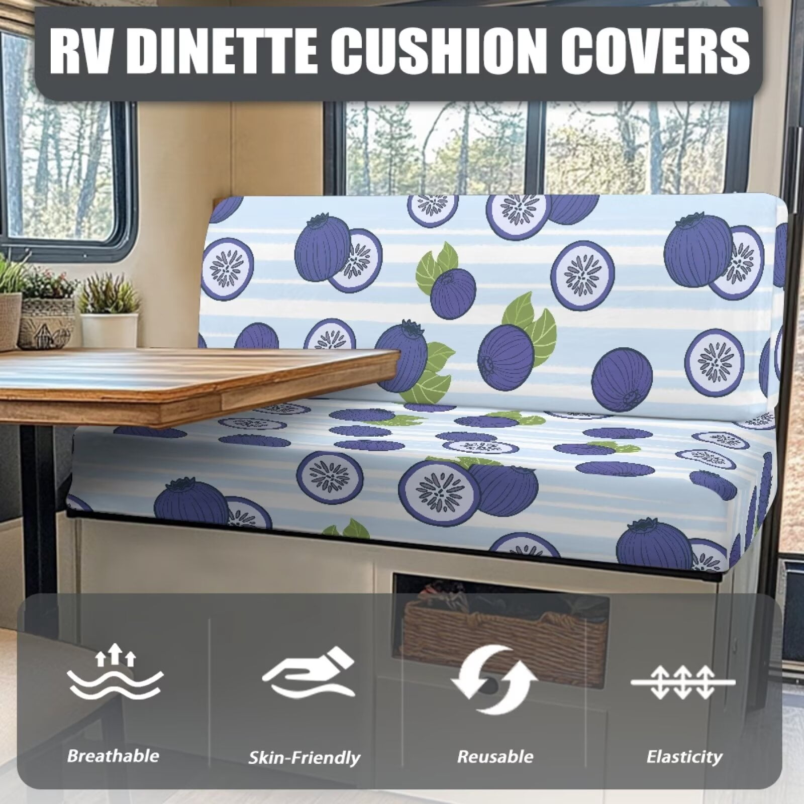 Psesaysky Blueberry RV Couch Covers Stretchable Camper Sofa Slipcover Washable Cushion Covers for Dinette Booth Seats 2 Bench Covers + 2 Backrest Covers