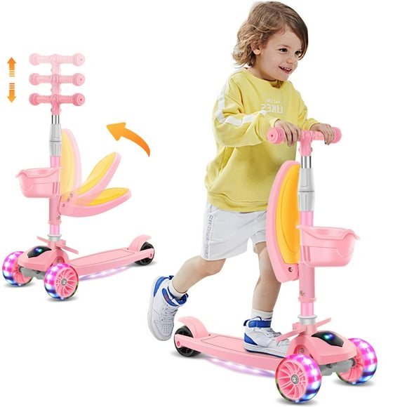 Kids Scooter with LED Lighted Wheels, 3 Adjustable Height Handlebars and Foldable Seat - Sit or Stand Ride, Lean-to-Steer & Widen Anti-Slip Deck, Scooters for Kids 3-5, Pink