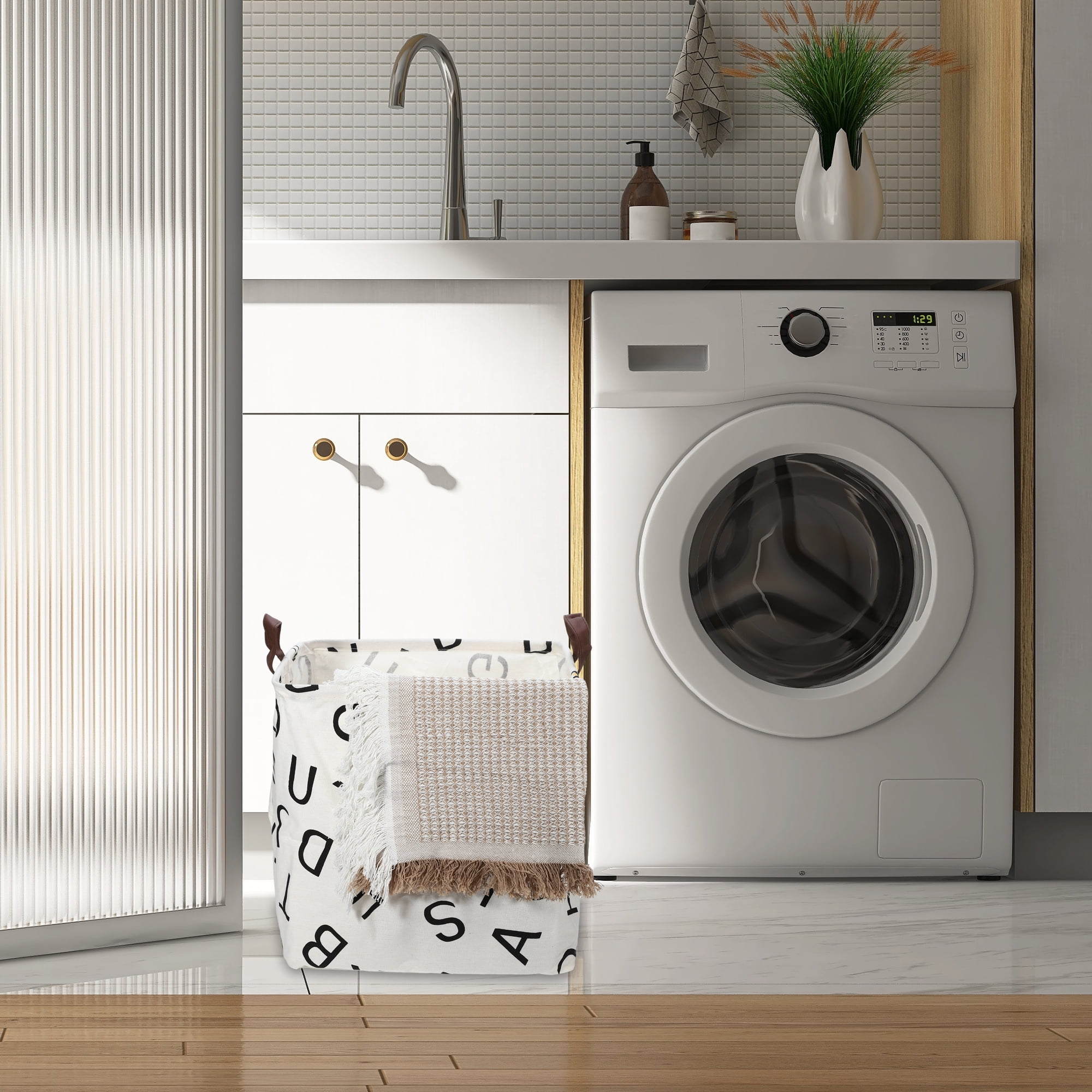 Unique Bargains Foldable Square Laundry Basket 12.60"x12.60" 30L Black White