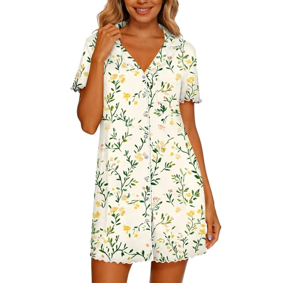 ZHYou Short Sleeve Nightgowns for Women Plus Size Button Down Sleepwear Sleep Shirts Soft Comfy Cute Printed Pajama Dresses Multicolor L
