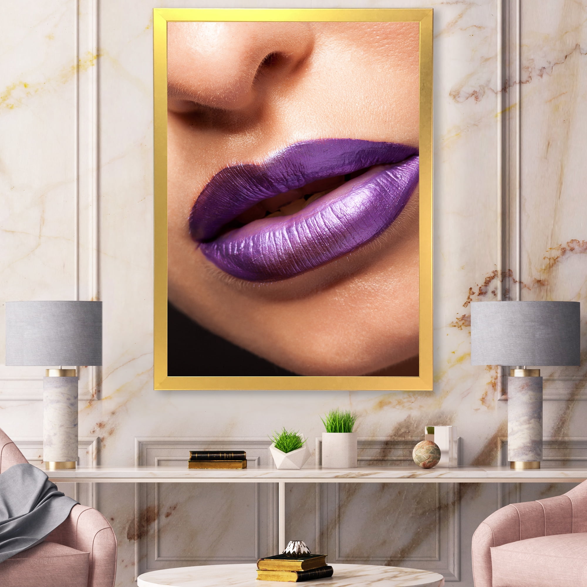 Designart 'Close Up View of Girl Lips With Purple Lipstick' Modern Framed Art Print
