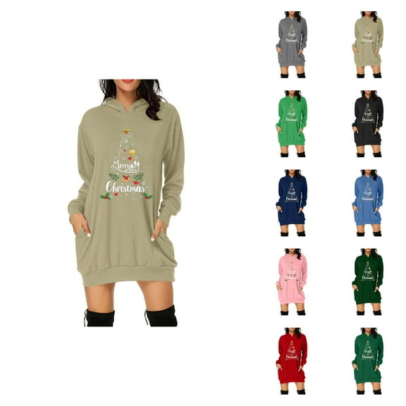 Merry Christmas Long Hoodies for Women 2025 Long Sleeve Xmas Tree Graphic Hooded Sweatshirt with Pockets Hoodie Dress