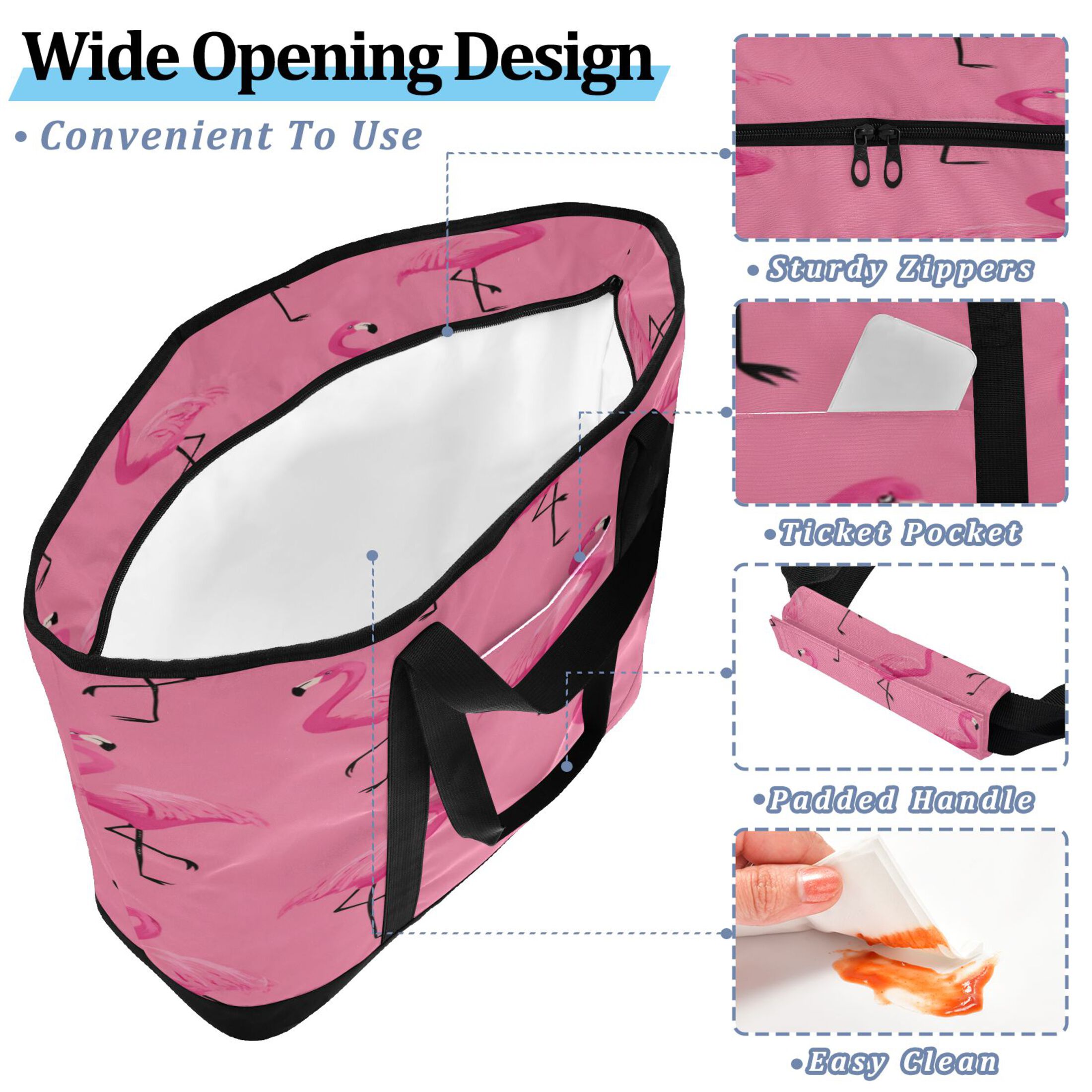 Extra-Large Wide Opening Design Capacity Hand-Held Ice Pack Thickened Insulation Layer For Long-Lasting Cold Retention For Outdoor Shopping Picnics And Camping Flock Of Cartoon Flamingos