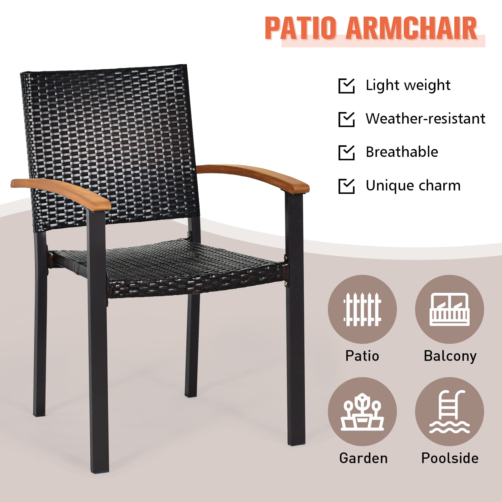 Patiojoy Patio Rattan Dining Armchair 4 Set of Wicker Chair W/Steel Frame Acacia Armrests Indoor&Outdoor