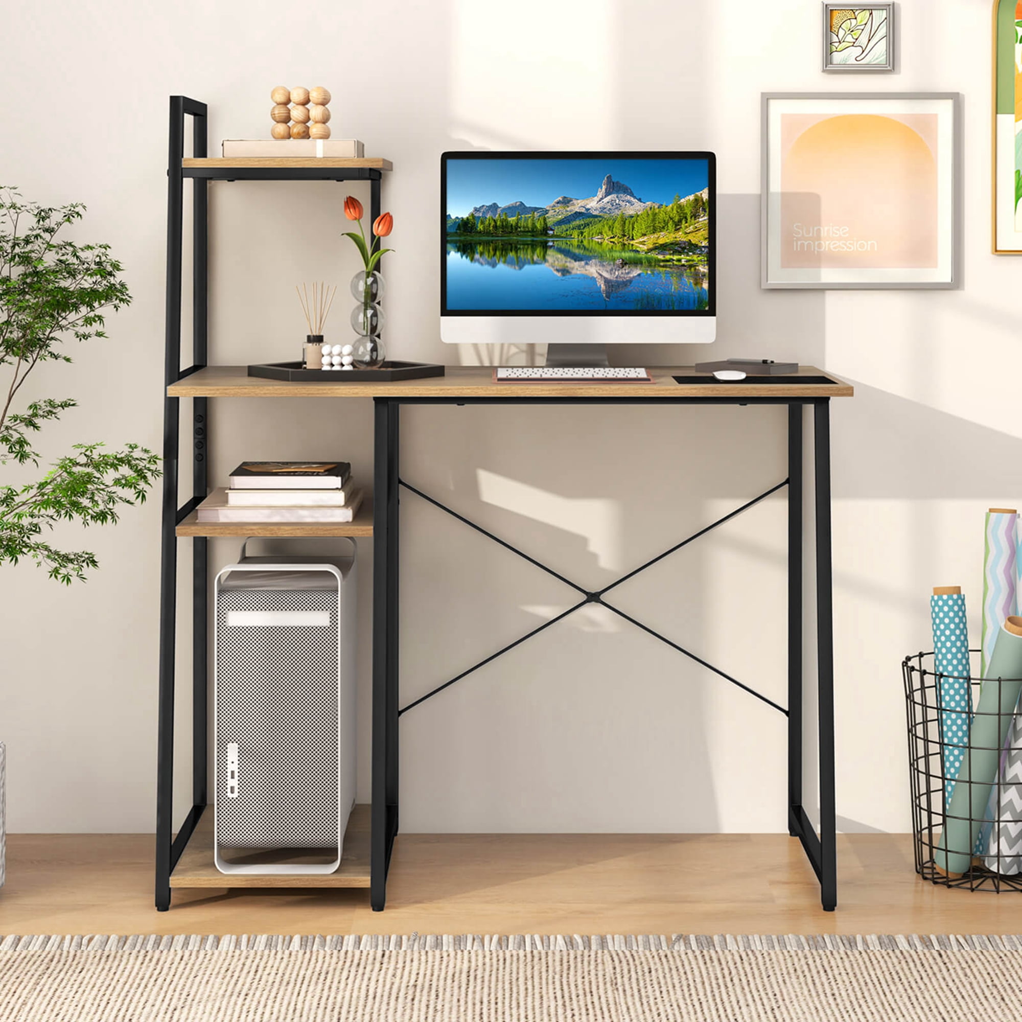 Costway Computer Desk with Shelves Study Writing Desk Workstation with Bookshelf Natural