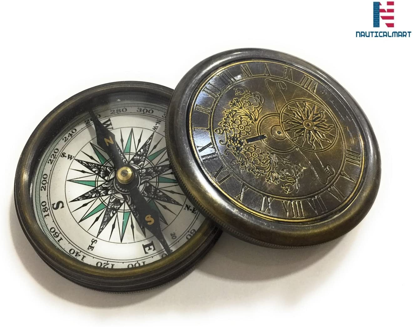 Antique Nautical Brass 100 Years Calendar Pocket Compass with Robert Frost Poem 