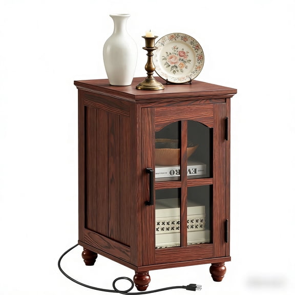 Buildhom Farmhouse Nightstand with Charging Station, Narrow Side Table with Glass Barn Door & Adjustable Shelf for Small Spaces, Red Oak