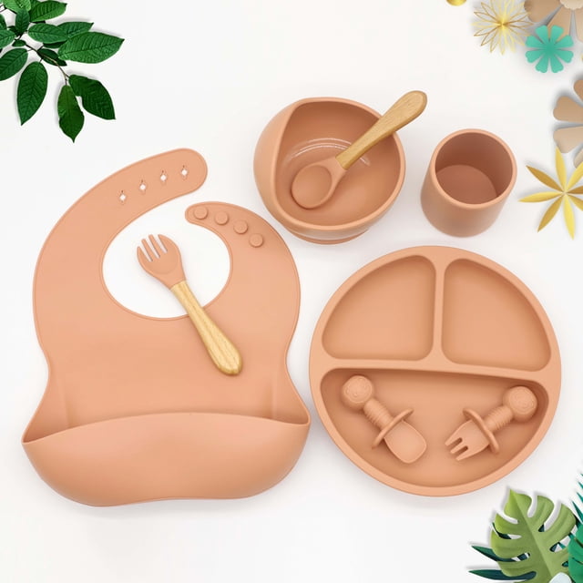 Vajilla de silicona para bebé, complemento alimenticio, cuenco, cuchara, tenedor, taza de agua, compartimento para babero, plato redondo