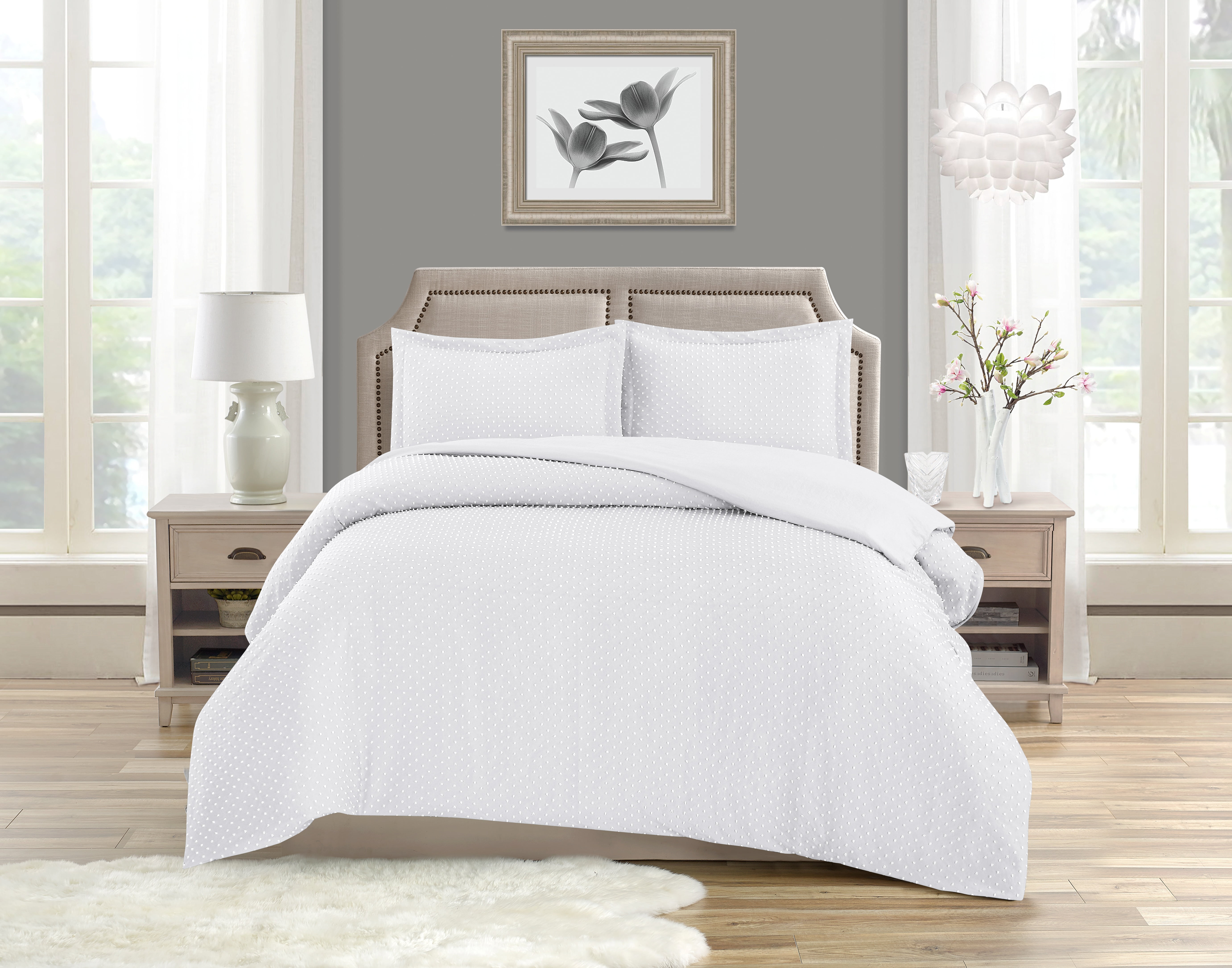 Swift Home Dot Clip Textured Duvet Cover Set, Soft All Season Bedding with Zipper Closure, Twin, White