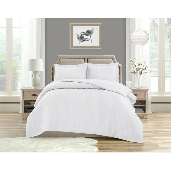 Swift Home Dot Clip Textured Duvet Cover Set, Soft All Season Bedding with Zipper Closure, Queen, White