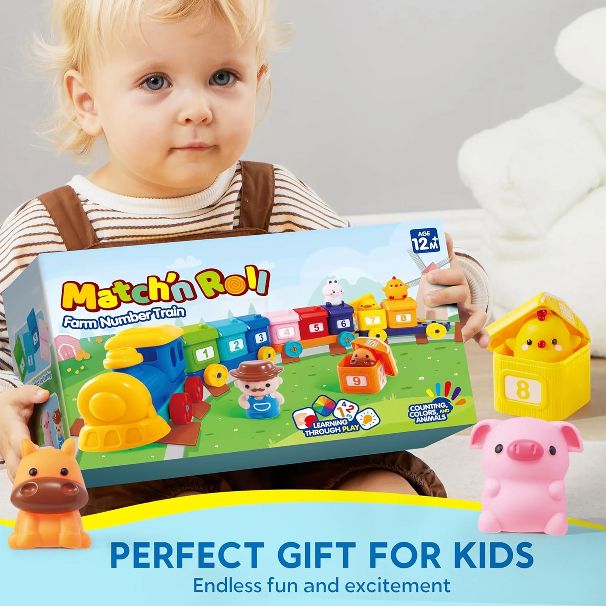Joyfy Juguetes Educativos Montessori para Niños Pequeños de 1 2 3 Años, Tren de Contar, Emparejar y Clasificar con 9 Animales de Granja y 1 Títere de Dedo de Granjero, Regalo de Navidad y Cumpleaños para Bebés Niños y Niñas 2