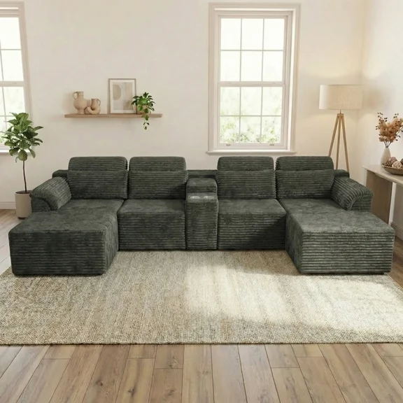 VERDECORE 147" Modular Sectional Sofa, Oversized Modern Corduroy Cloud Couch, U‑Shape Boneless Sofa with 2 Chaise and Cupholders, No Assembly Required for Living Room