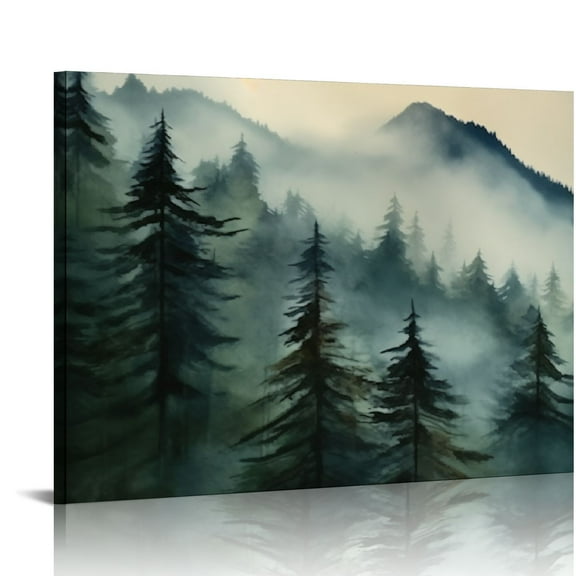 ARISTURING  Watercolor Misty Forest Framed Canvas Wall Art , Nature Landscape Wall Decor, Foggy Mountain Pine Trees Wall Painting, Jungle Scenery Artwork for Living Room, Bedroom, 20x16in