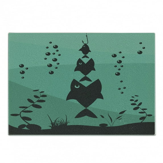 Fishing Cutting Board, Big Fish Eats Little Small in Bubbles Underwater Ocean Symbolic Food Theme, Decorative Tempered Glass Cutting and Serving Board, Small Size, Teal Grey, by Ambesonne