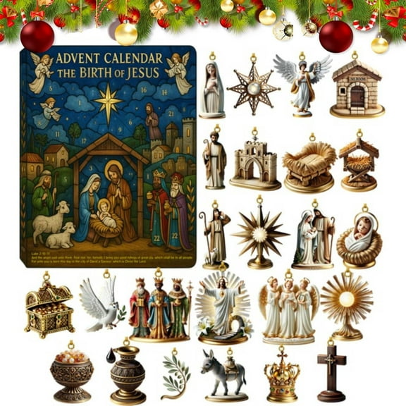 Nativity Advent Calendars 2025 The Path to Advent Calendar 24 Days Nativity of Jesus Countdown Calendar with 24 Acrylic Religious Scene Figurines Pendant Present for Believers Christian Christmas, 2D