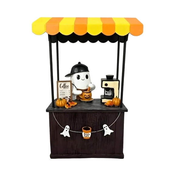 XINGAG Cute Resin Ghost Vendor Coffee Cart Statue, Mini Halloween Tabletop Ornament, Decorative Centerpiece for Coffee Bar, Kitchen Counter, Bookshelf, Living Room & Fall Party Display