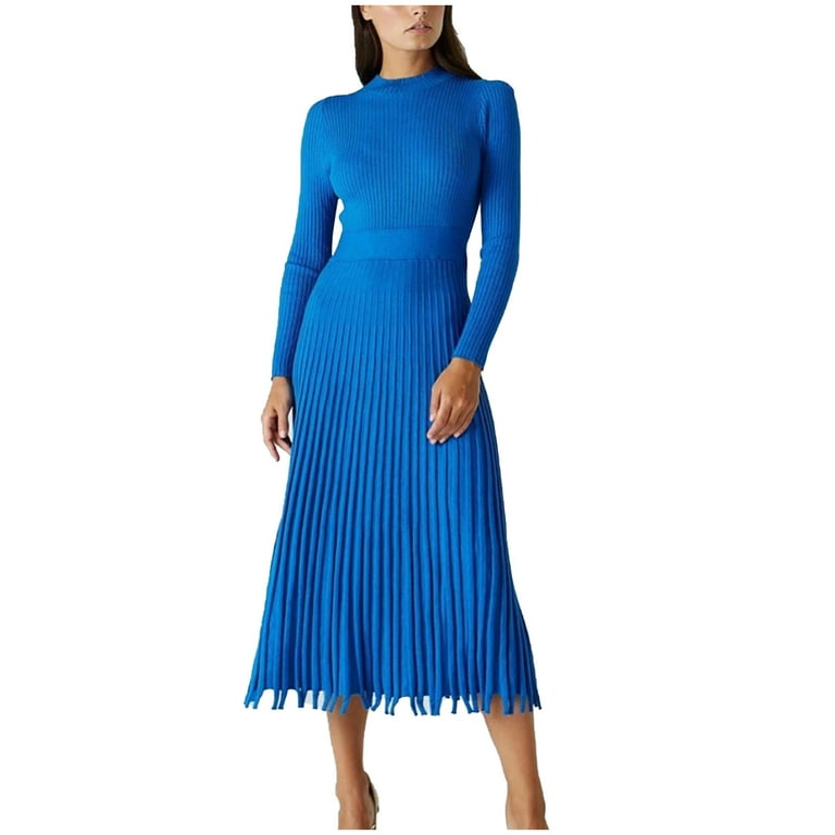 QIPOPIQ Clearance Dresses for Women Summer Solid Knitted O-Neck Long  Sleeves Bottoming Pleated Plus Size Dresses Dark Blue S 