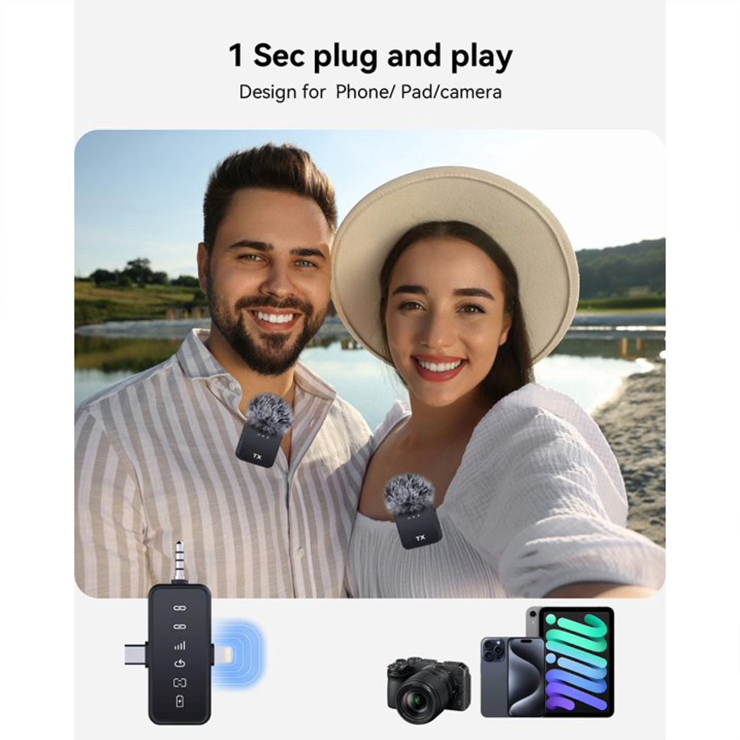 3 in 1 Wireless Microphone for iPhone and Android, Lapel Microphone with Noise Canceling, 328ft Range, Clip On Mini Mic for Video Recording, Interviews, Vlog（A）