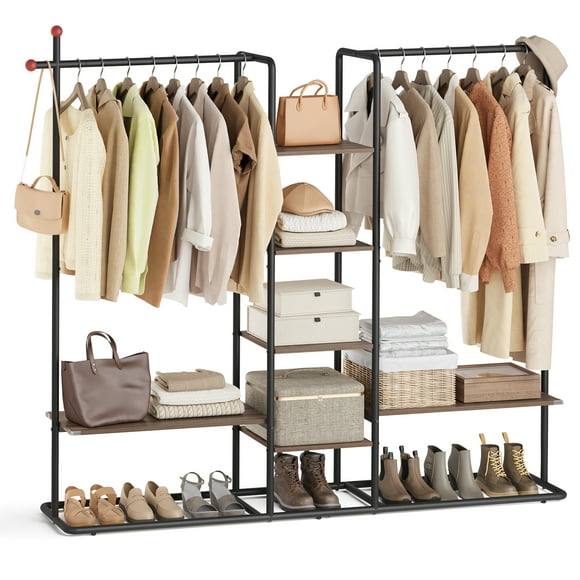 Natural Walnut & Ink Black Clothes Rack. A freestanding open wardrobe. 6 storage shelves, 2 hanging rails and matchstick-shaped hooks.