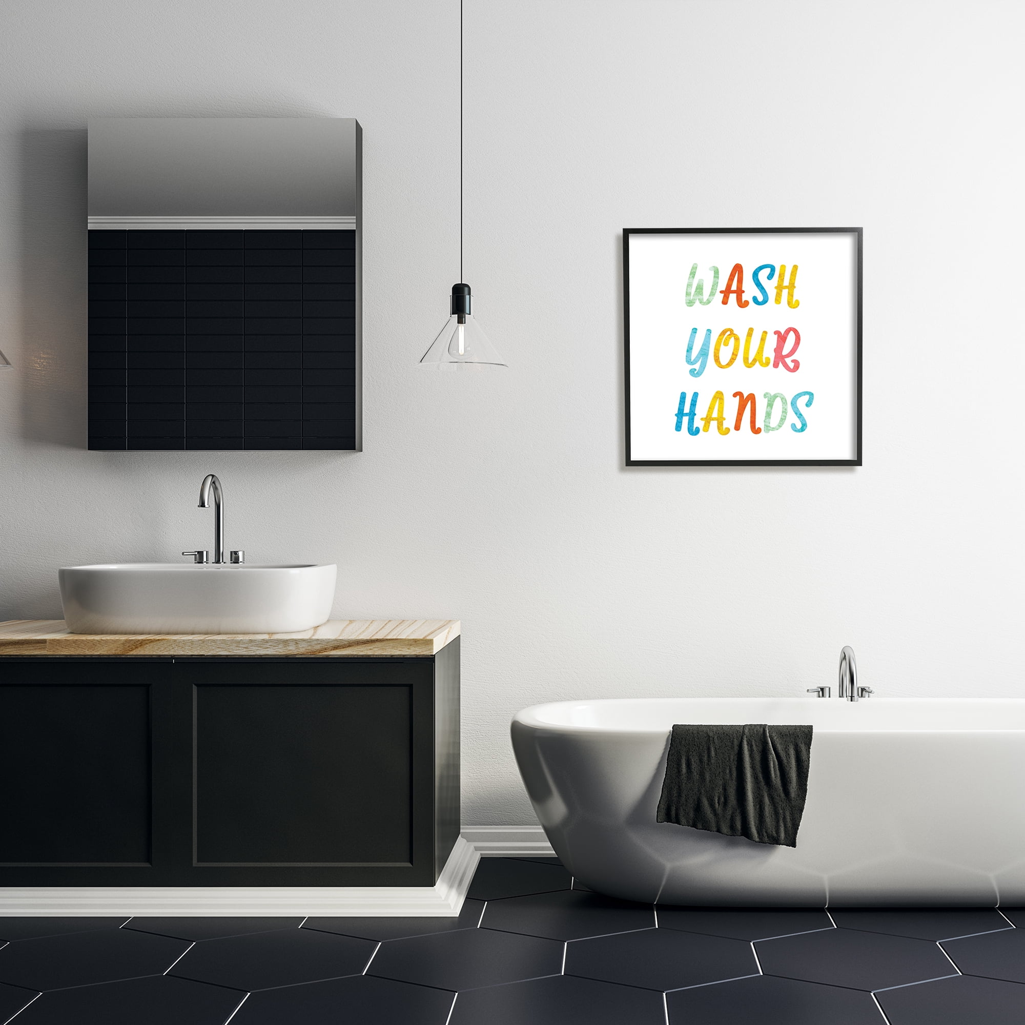 Stupell Industries Wash Your Hands Bathroom Rules Kids Typography Typography Painting Black Framed Art Print Wall Art, 24 x 24