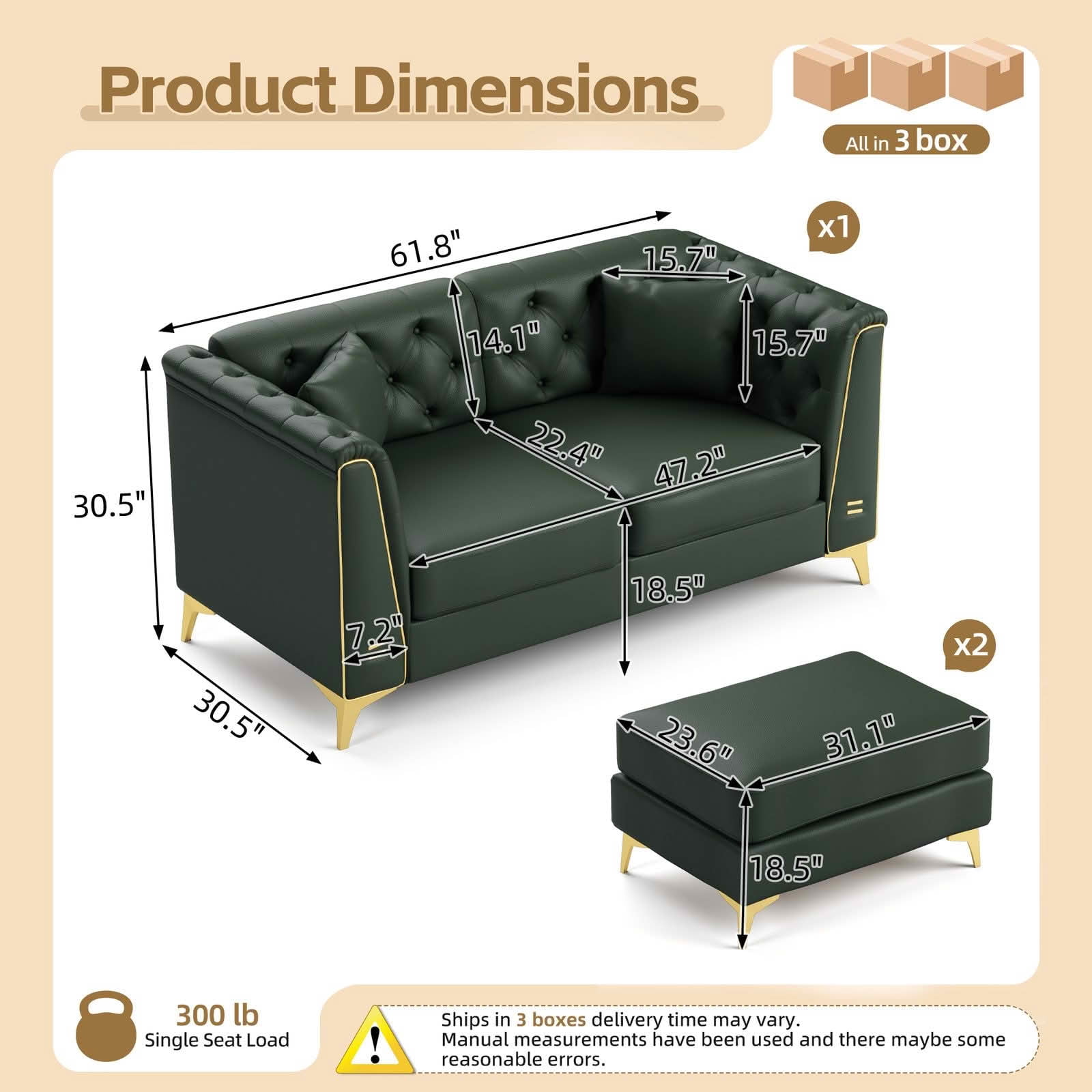 MAYEERTY 61.8" Light Luxury Modular Chesterfield 2‑Seater Sofa with 2 Ottomans, Faux‑Leather Loveseat, Button Tufting, Metal‑Trim Armrest & Slim Metal Legs, 2 Pillows Included