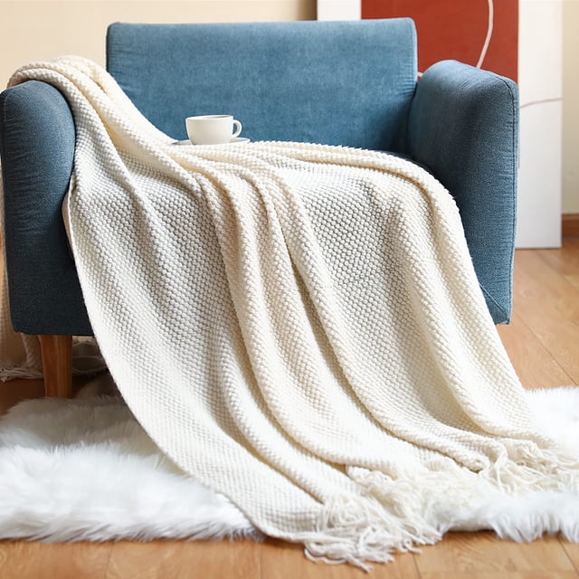 Manta de lana de punto suave, manta bohemia con borlas, manta de peluche, manta de sofá, manta para sofá, cama, sofá, silla, color beige, 130 x 230 cm