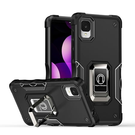 Rosebono Compatible With TCL ION Z Case, Hybrid Metal Magnetic Support Kick Stand Protective Defender Armor Cover Case (Black)