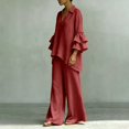 thumbnail image 4 of Usloyux Women's Plus Size 2 Piece Outfits V Neck Ruffle Sleeve Top and Wide Leg Pants Matching Lounge Set Casual Boho Vacation Tracksuit, Red 2XL, 4 of 5