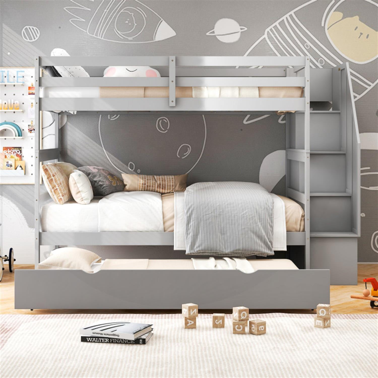 Demi Bonn Home Wood Bunk Bed with Guard Rail and 4-step Storage Stairs, Twin Bunk Beds, No Box Spring Needed, Gray