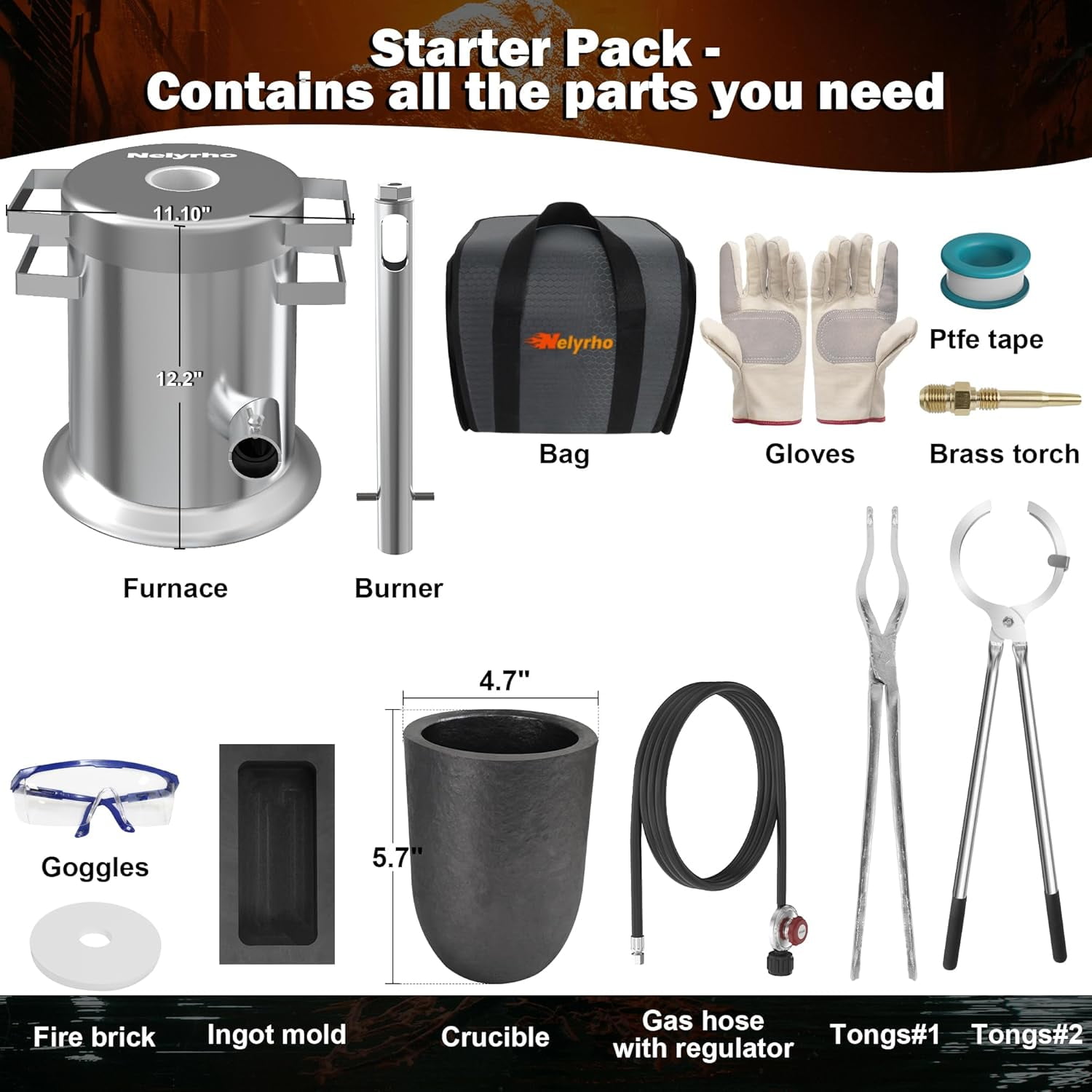 Nelyrho 6KG Propane Metal Melting Furnace Kit with Crucible, Tongs, Mold, Gloves, Carry Bag, 135,000 BTU Burner, 2552°F High Heat Foundry for Aluminum, Silver, Copper Smelting and DIY Metal Recycling