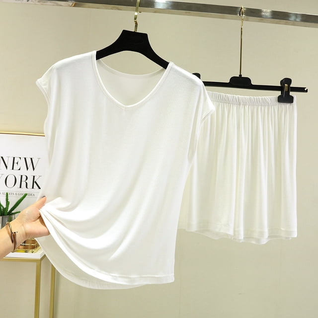Aqestyerly Women's Two-Piece Set Solid Color Short Sleeve Top and Shorts Casual Summer Outfit HWRETIE